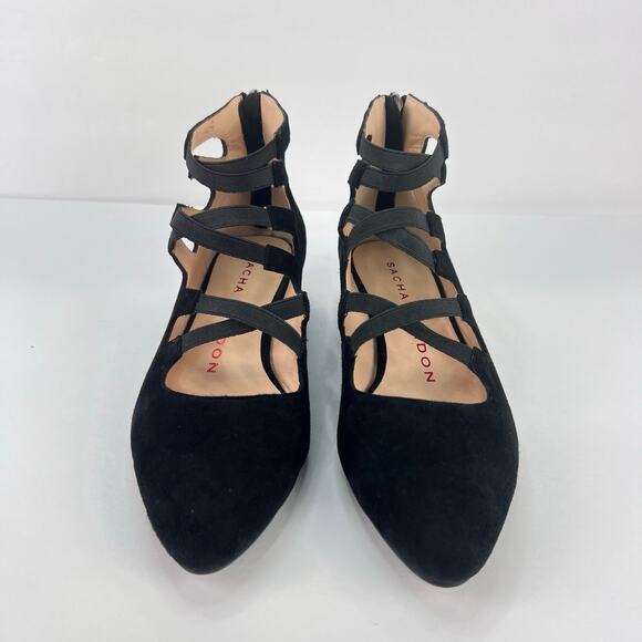 EUC Designer Sacha London Black Suede Heel Zip Criss Cross Low Heel Shoe 7.5 - Picture 1 of 9